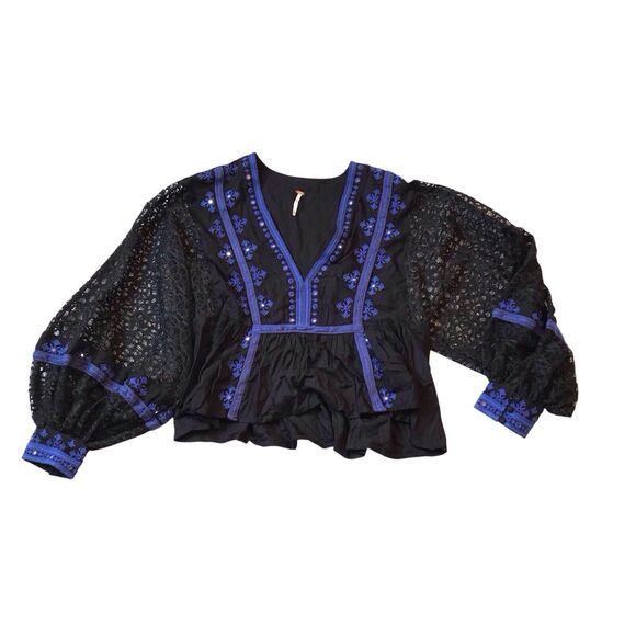 Free‎ People Black Lace Balloon Long Sleeve Boogie All Night Womens Size S Boho - Picture 5 of 9